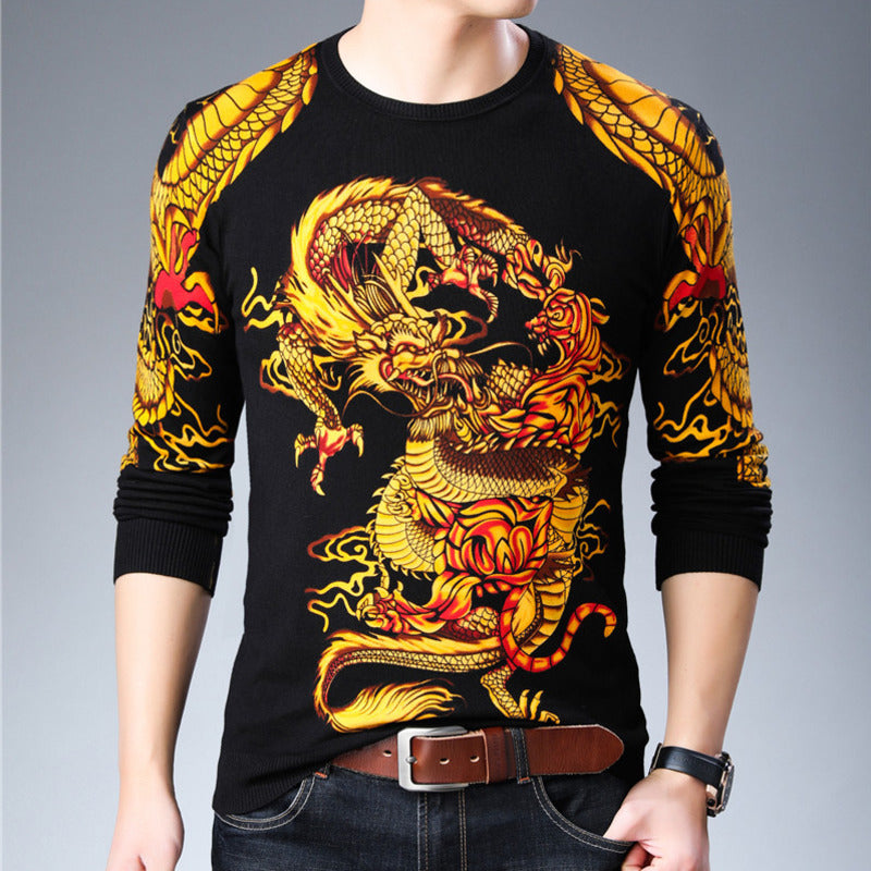 New Twin Gold Yellow Dragon Printed Slim Fit Men Pullover