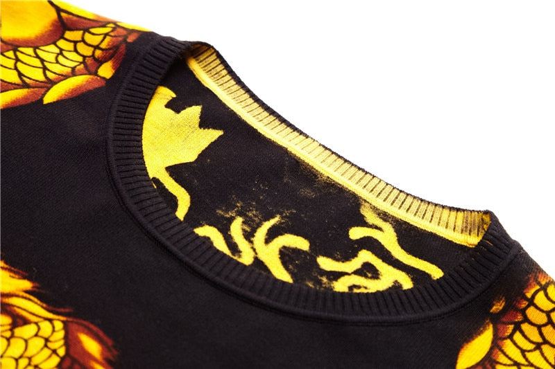 New Twin Gold Yellow Dragon Printed Slim Fit Men Pullover