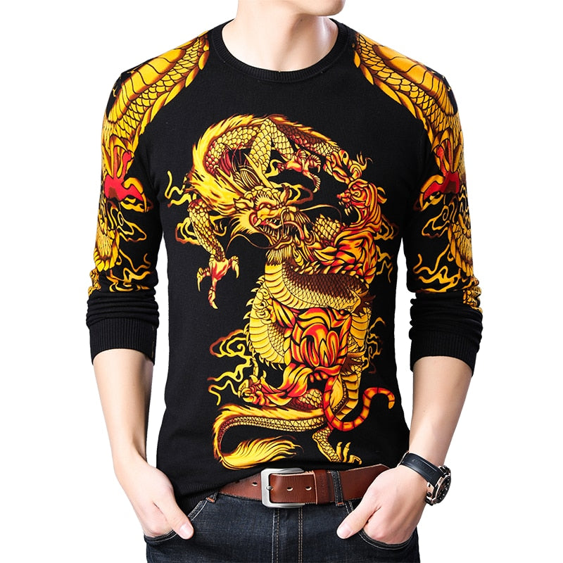 New Twin Gold Yellow Dragon Printed Slim Fit Men Pullover