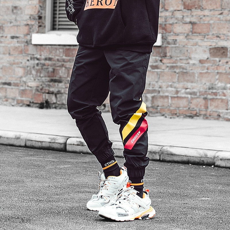 Casual Black Style with Red Yellow Stripe Detail Men Streetwear Pants - FanFreakz