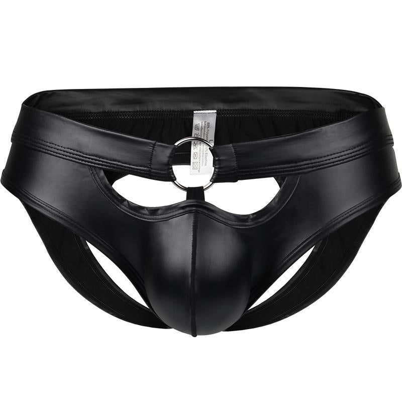 Slip homme en cuir PU noir découpé