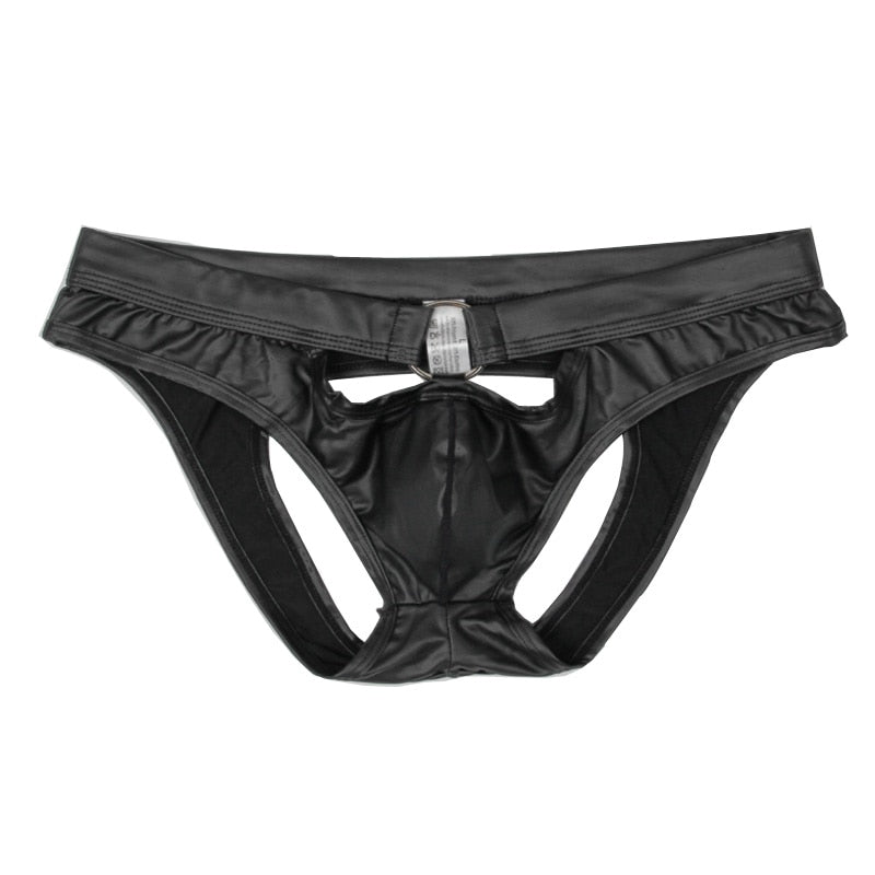 Slip homme en cuir PU noir découpé