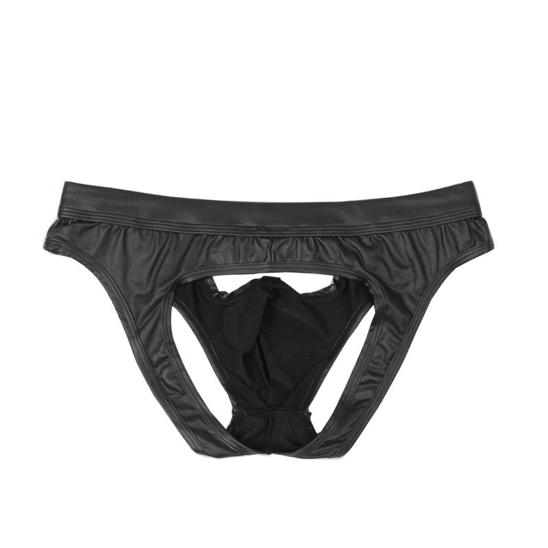 Slip homme en cuir PU noir découpé