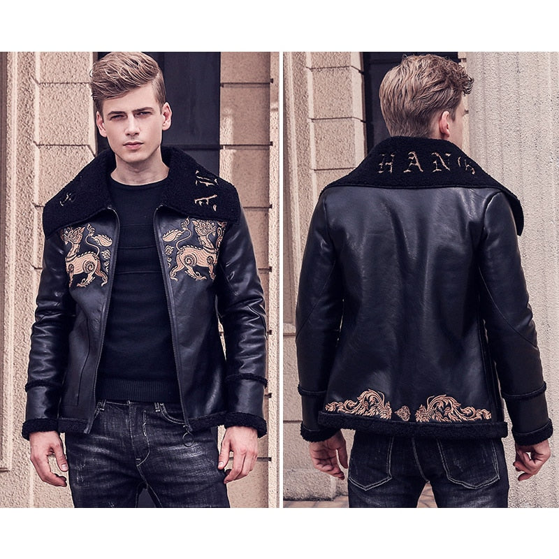 Black Broad Collar with Animal Pattern Embroidery Men Pu Leather Jacket - FanFreakz