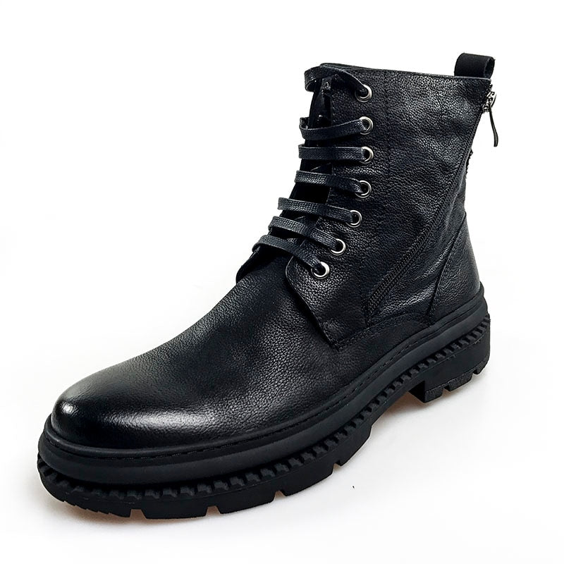 Black Casual Lace Up Men Mid Calf Leather Boots - FanFreakz