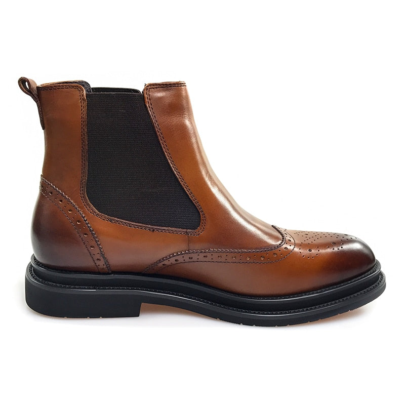 Classic Brown Leather Wingtip Men Chelsea Boots - FanFreakz