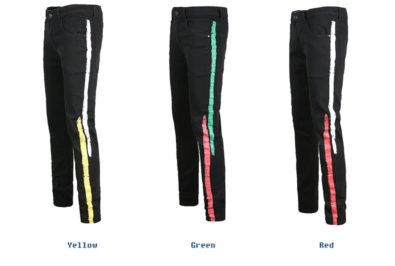 Black with Double Colors Painted Stripe Men Slim Fit Stretch Jeans - FanFreakz
