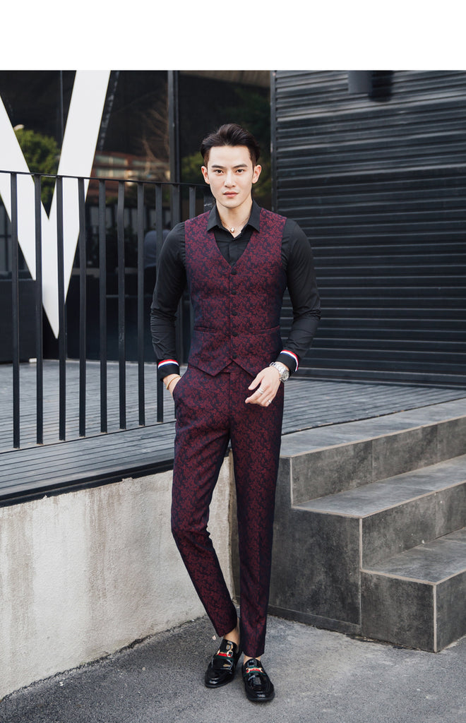 Contrast Black Collar Wine Red Patterned Men Slim Fit Suit Set with Vest and Trouser - FanFreakz