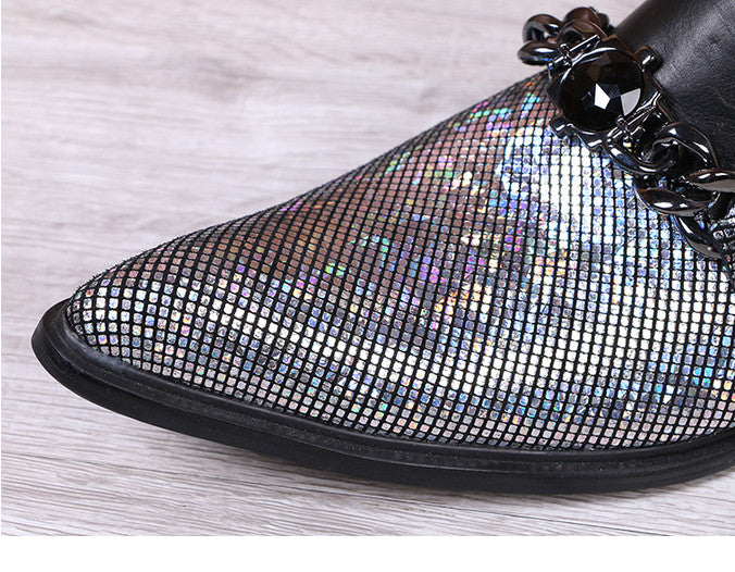 Black Pointed Toe Sparkling Half Part with Chain Ornament Men Leather Shoe - FanFreakz