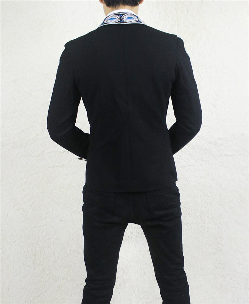 Collar Line and Sleeves Elliptical Embroidery Men Black Blazer - FanFreakz