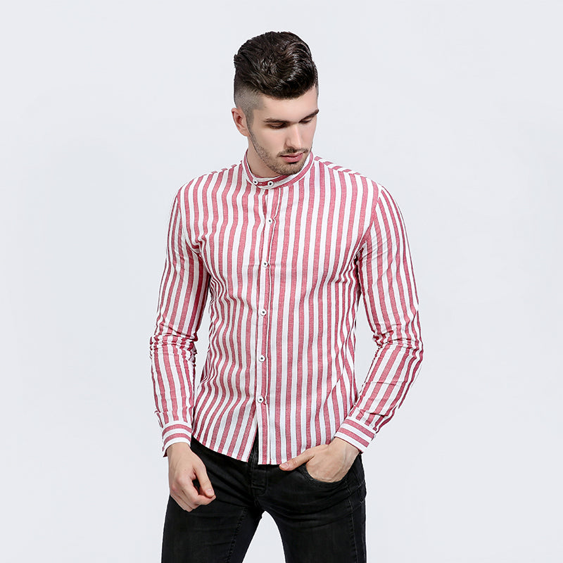 Classic Red Striped Mandarin Collar Men Slim Fit Long Sleeves Shirt - FanFreakz