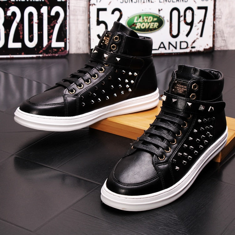 Black and White Casual Rivets Lace Up Men High Top Sneaker - FanFreakz