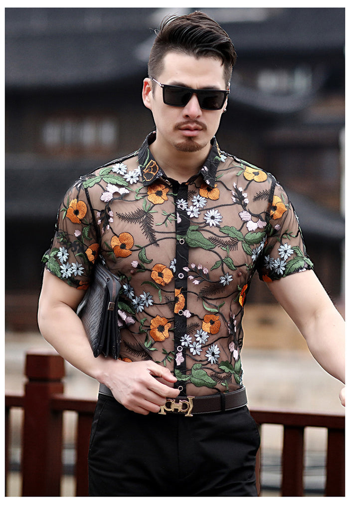 Orange Flower Embroidery See Through Men Short Sleeve Slim Fit Shirt - FanFreakz