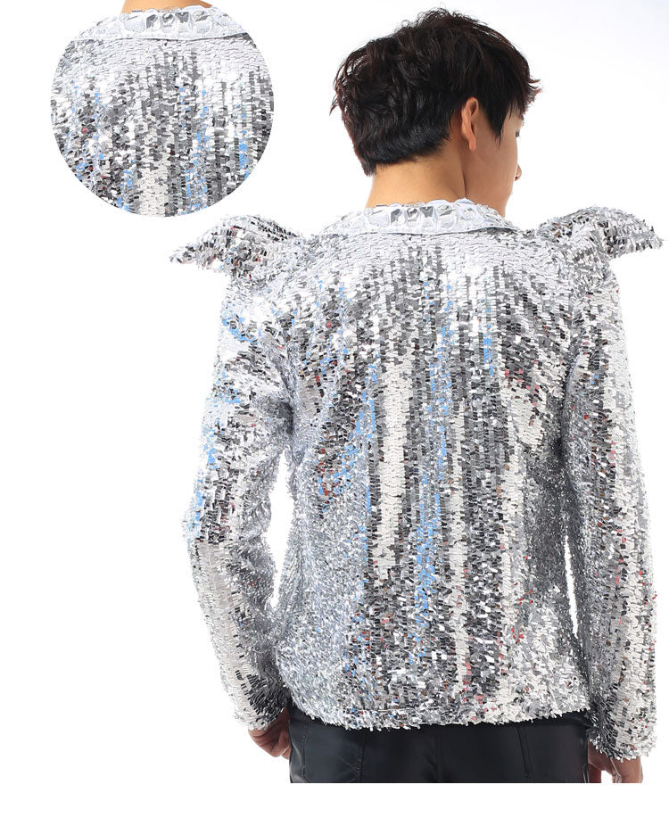 Silvery Sequins Slim Fit With Shoulder Decoration Men Jacket for Show or Stage Performance - FanFreakz