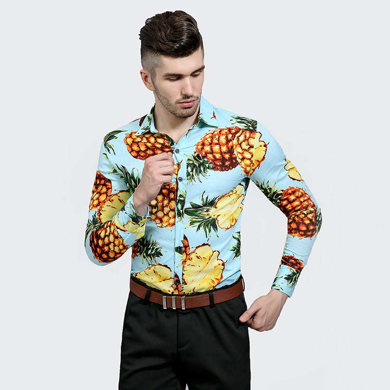 Pineapple Print Men Slim Fit Long Sleeves Shirt - FanFreakz