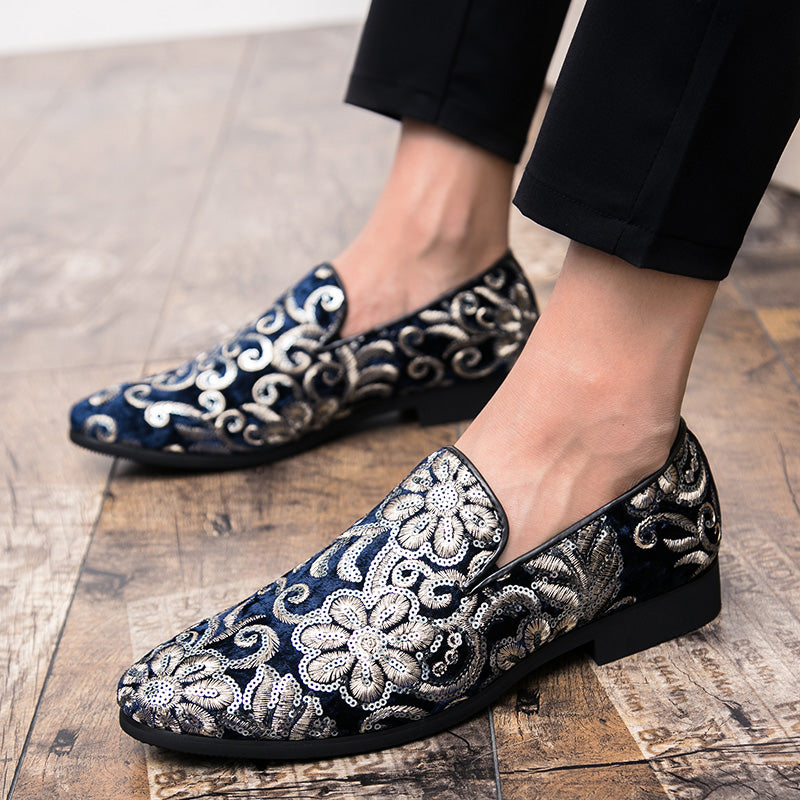 Floral Sequins Men Royal Style Loafers Shoes - FanFreakz