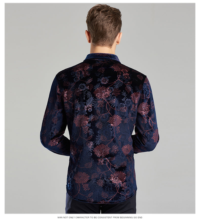 Dark Shiny Floral Pattern Men Velvet Long Sleeves Shirts - FanFreakz