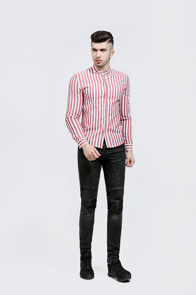 Classic Red Striped Mandarin Collar Men Slim Fit Long Sleeves Shirt - FanFreakz