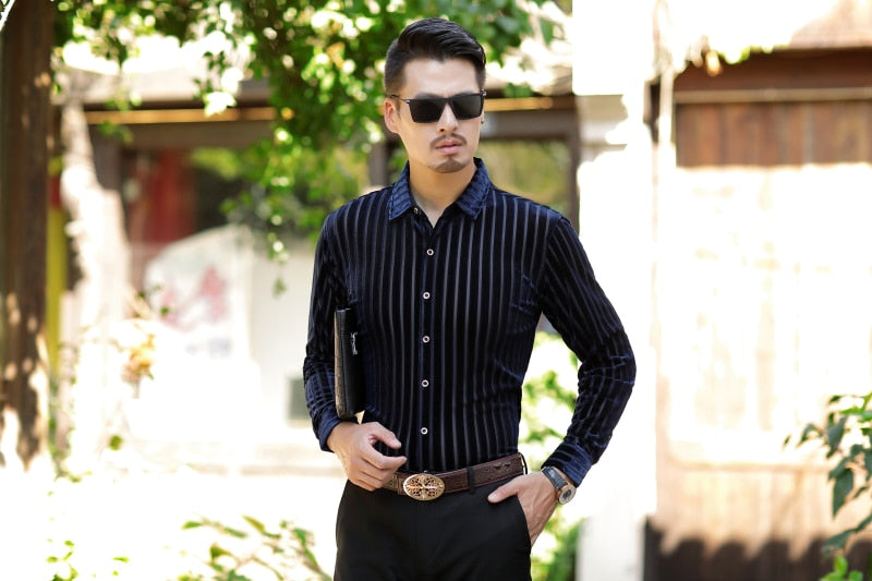 Elegant Stripe Men Business Style Velvet Slim Shirt - FanFreakz