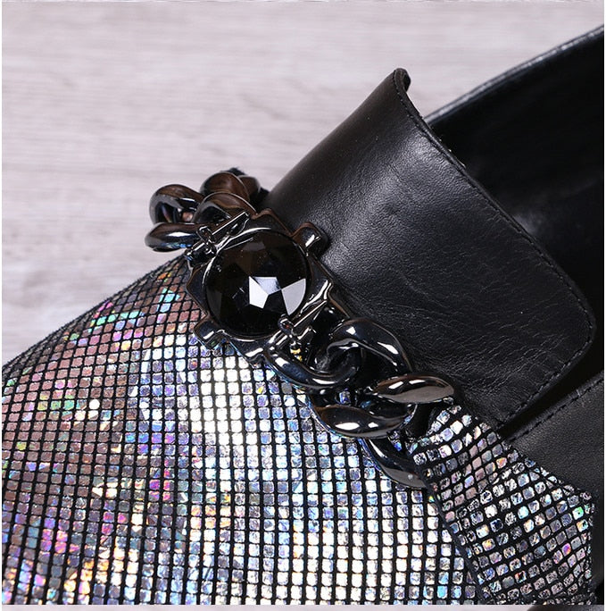 Black Pointed Toe Sparkling Half Part with Chain Ornament Men Leather Shoe - FanFreakz