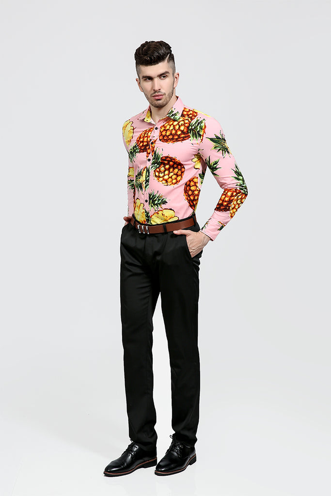Pineapple Print Men Slim Fit Long Sleeves Shirt - FanFreakz