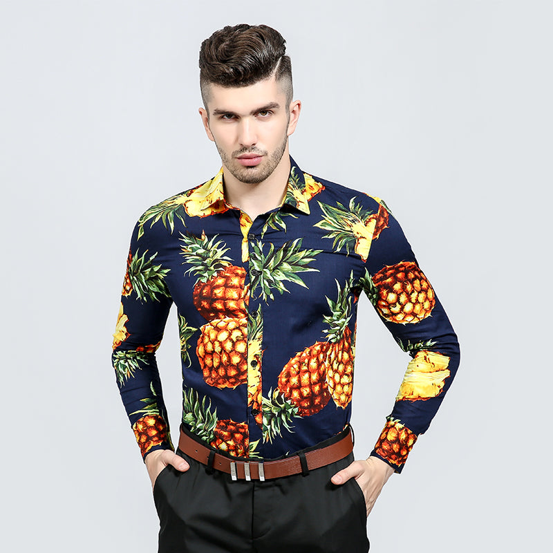 Pineapple Print Men Slim Fit Long Sleeves Shirt - FanFreakz