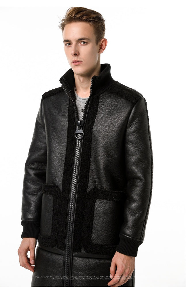 Classy Black Wool and Leather Combination Men Long Jacket with Embossed Detail Backside - FanFreakz