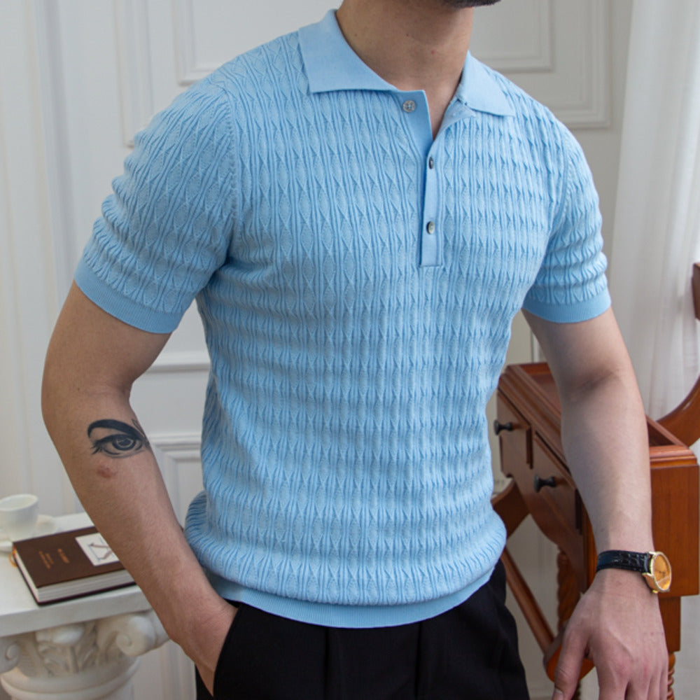 British Style Summer Lapel Short Sleeve Knitted Polo Shirt Men