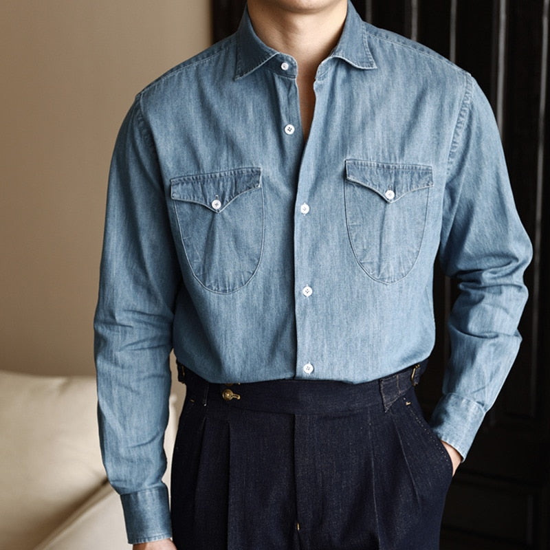 Men's Casual Denim Shirt Long Sleeve Slim Fit Double Pocket Shirt M L XL  XXL 3XL | eBay