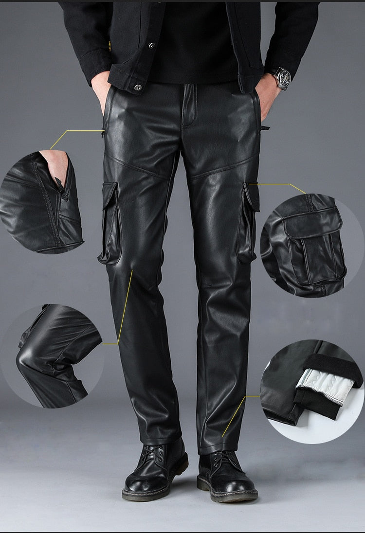 Elastic Waist Men Cargo Leather Pants