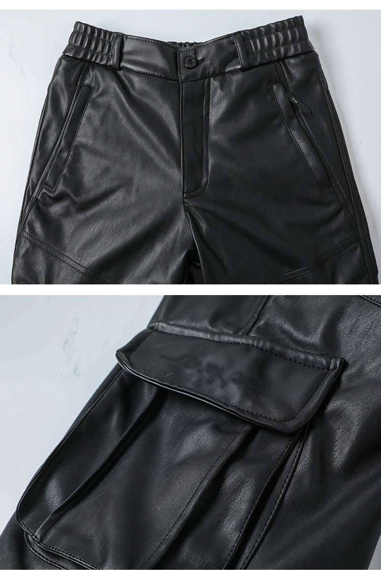 Elastic Waist Men Cargo Leather Pants