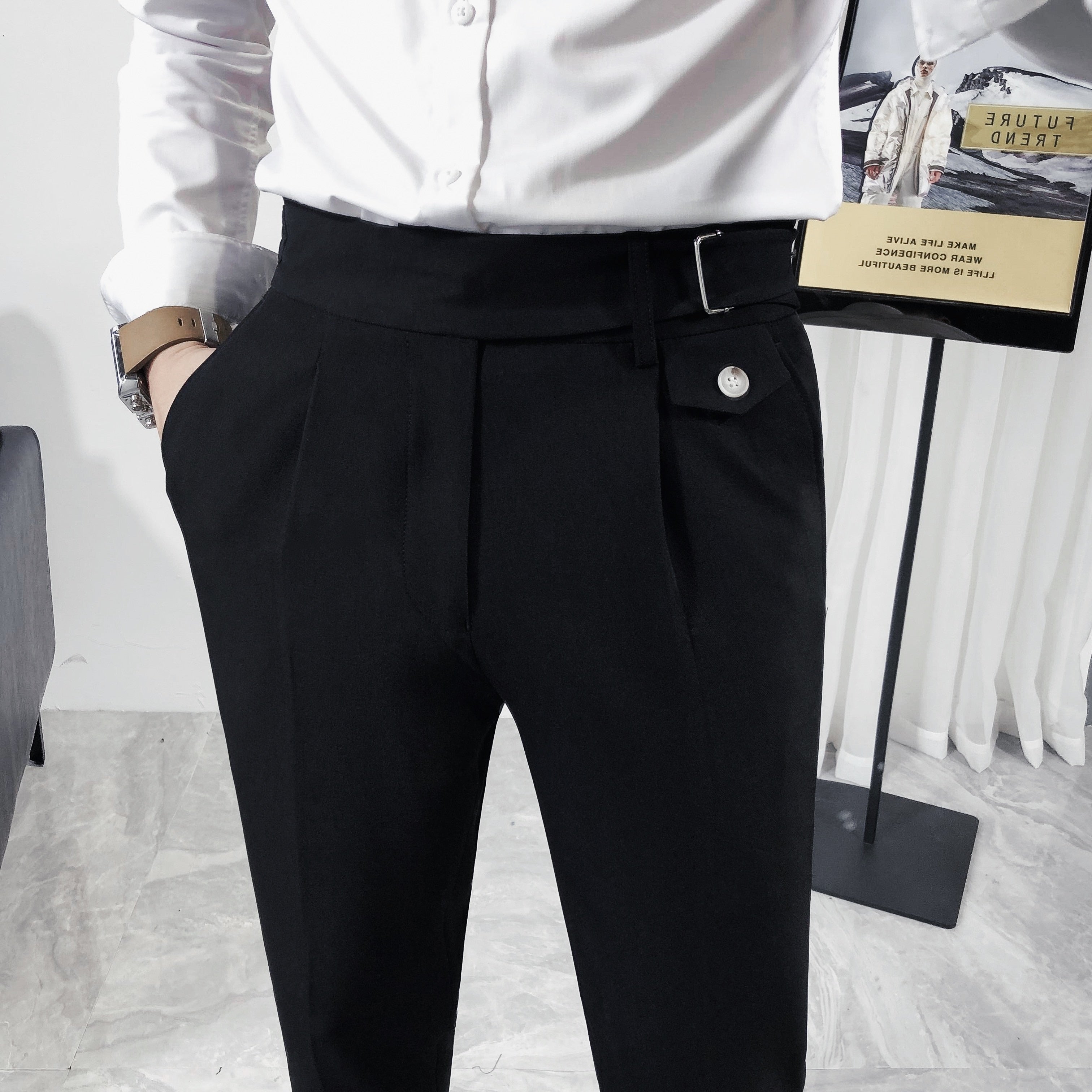 Mens Korean Style Slim Fit Pants Formal Business Trousers Leisure Black  Work MON