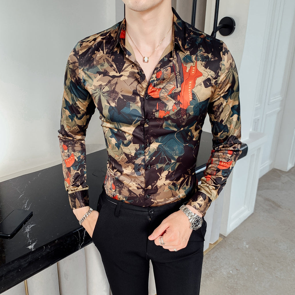 Leaf Print Vintage Slim Fit Style Men Long Sleeves Shirts – FanFreakz