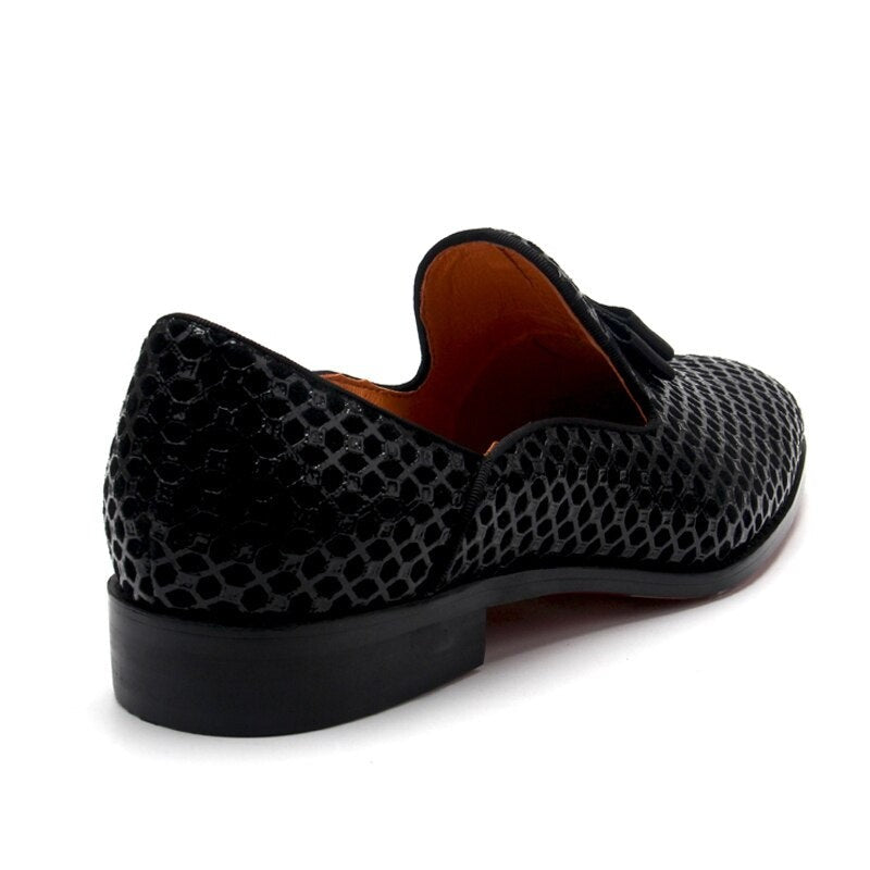 Metal Appliques Geometric Black Leather Loafers