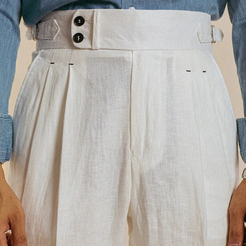 Men's Retro Linen Straight Suit Pants Casual High Waist Trousers