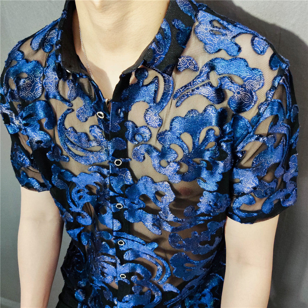Blue Embroidery Geometric Pattern Transparent Shirt – FanFreakz