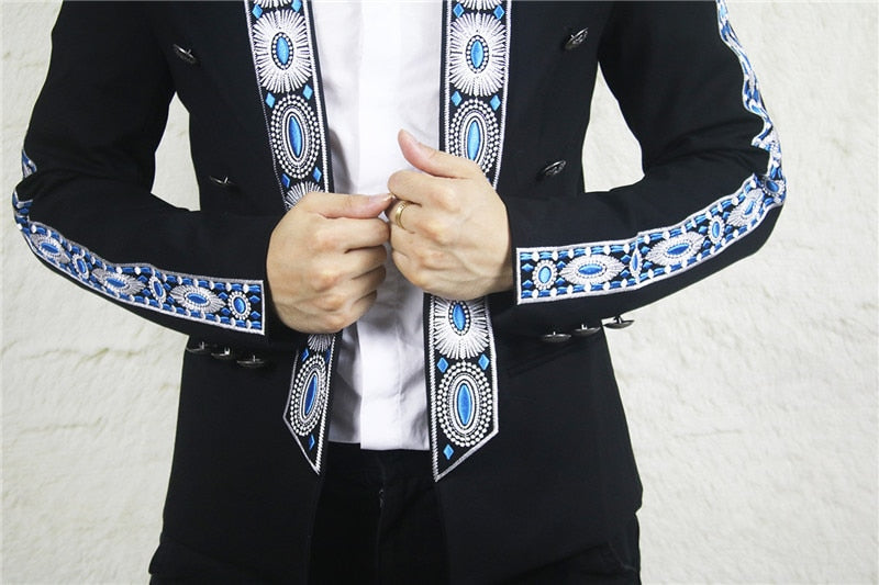 Collar Line and Sleeves Elliptical Embroidery Men Black Blazer - FanFreakz