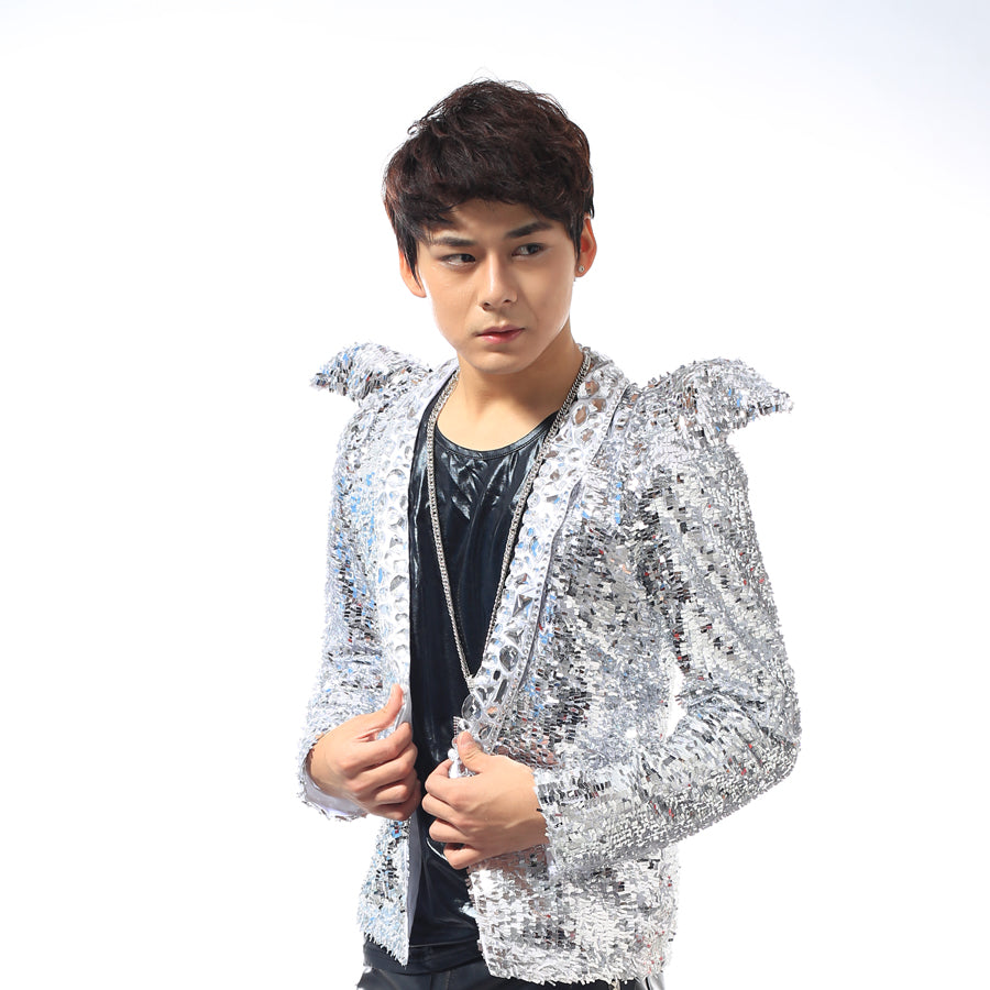 Silvery Sequins Slim Fit With Shoulder Decoration Men Jacket for Show or Stage Performance - FanFreakz