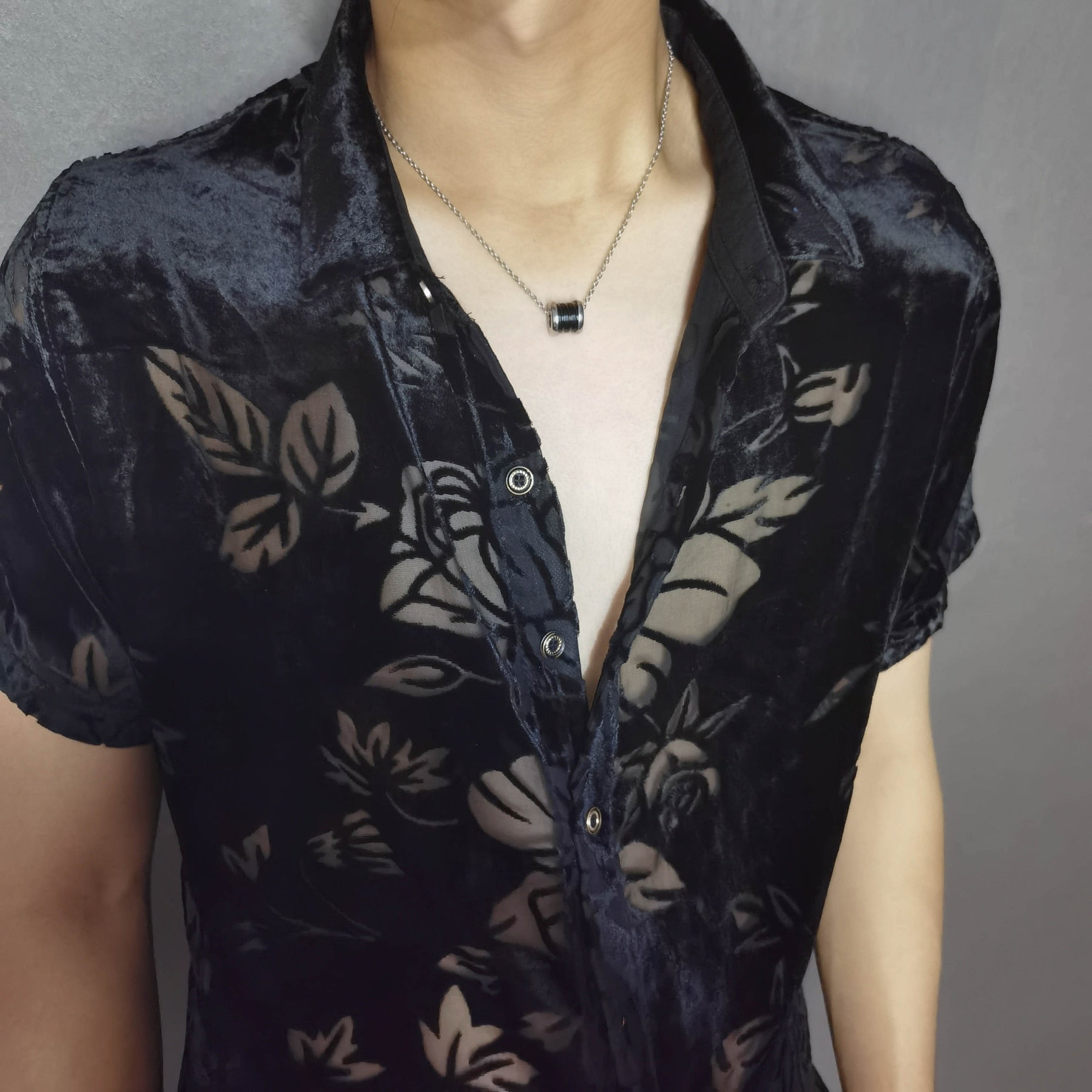 Black Leaves Pattern Decorated Transparent Shirt