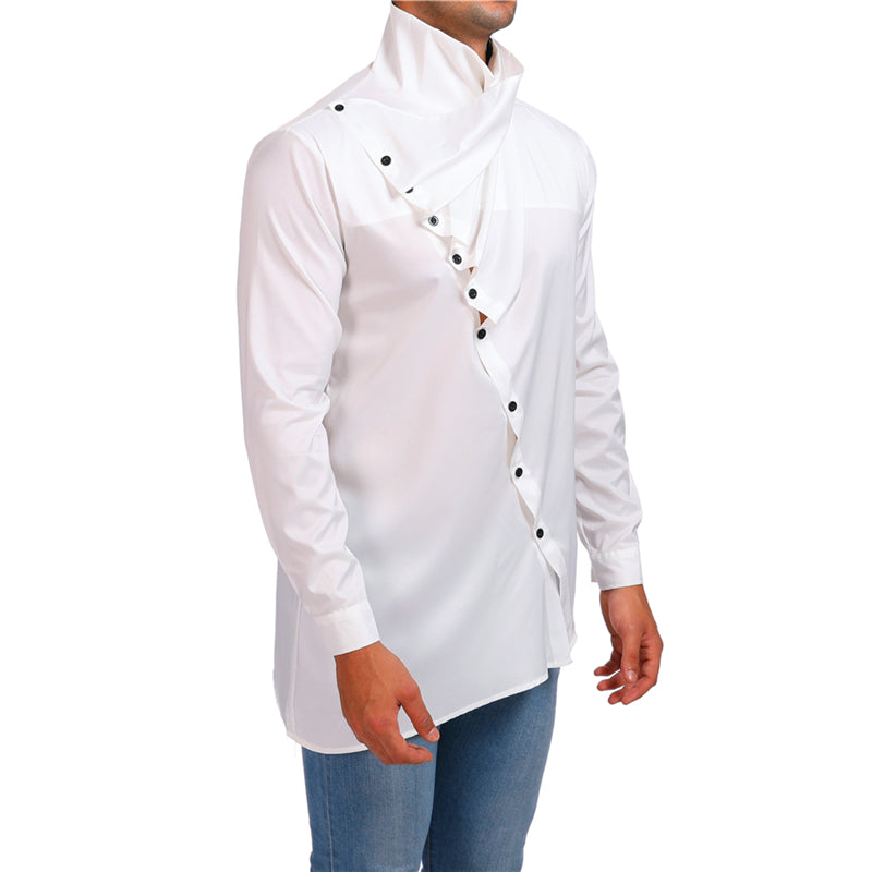 Askew Button High Neck Design Men Long Sleeves Shirt - FanFreakz