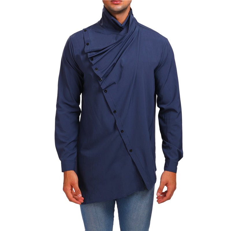 Askew Button High Neck Design Men Long Sleeves Shirt - FanFreakz