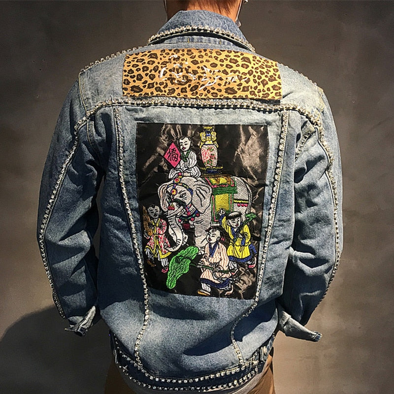 Denim Jacket with Leopard Patch and Elephant Painting