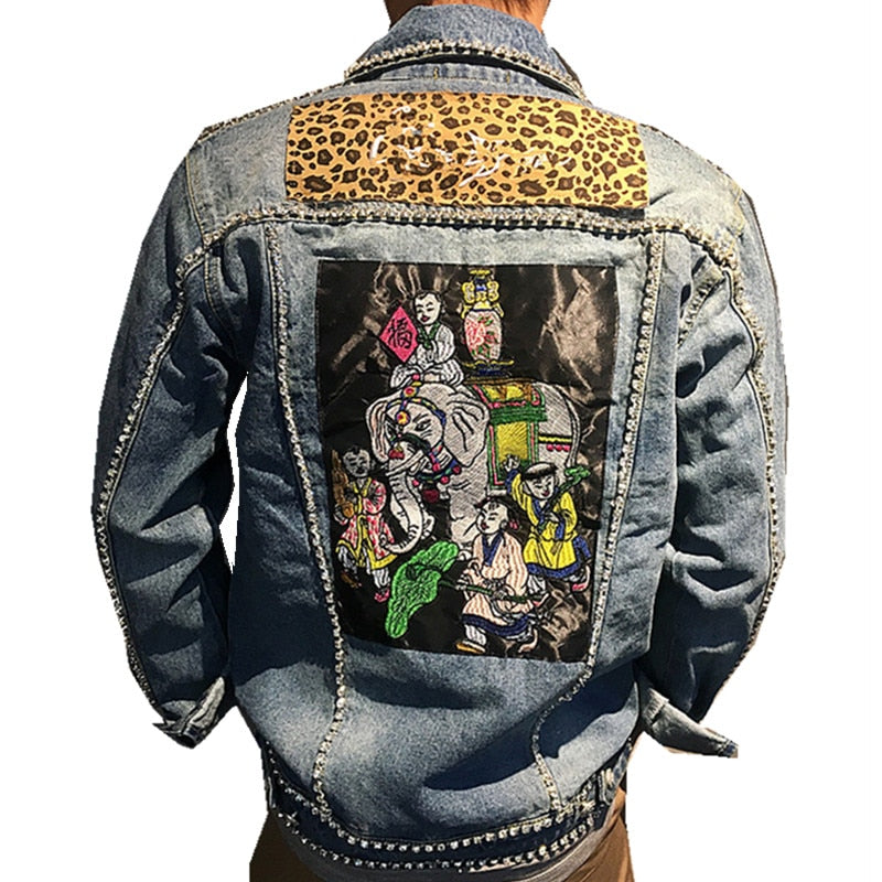 Denim Jacket with Leopard Patch and Elephant Painting