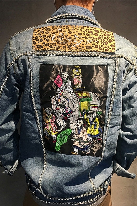 Denim Jacket with Leopard Patch and Elephant Painting