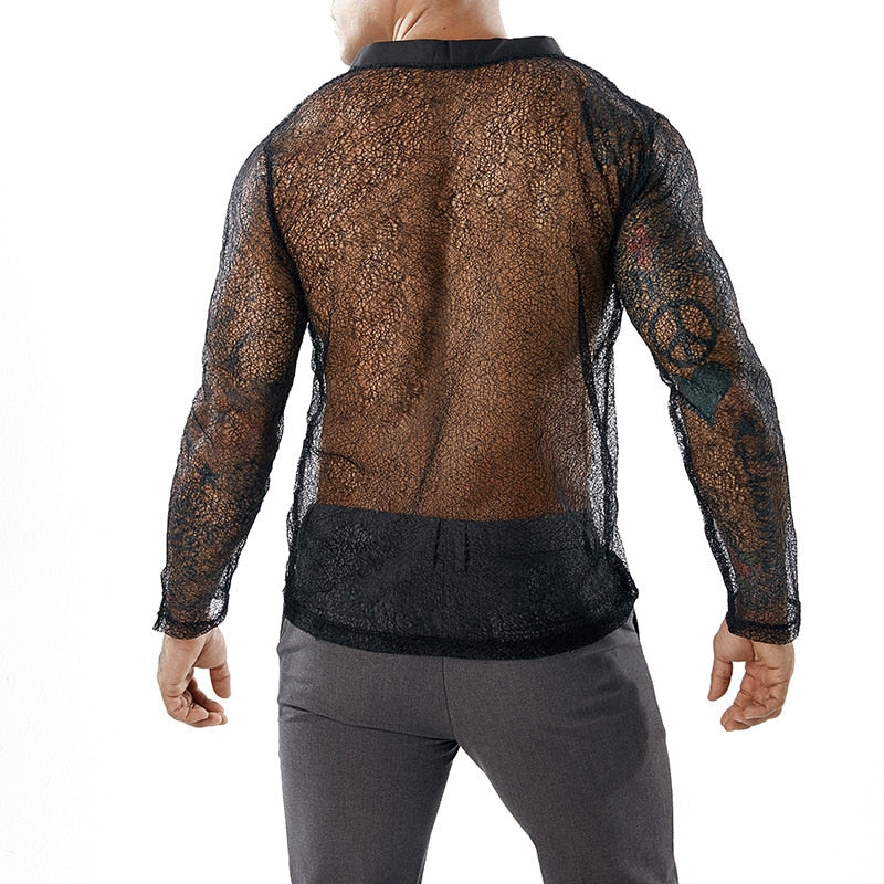 Button Down V Neck See-through Design Men Shirts - FanFreakz