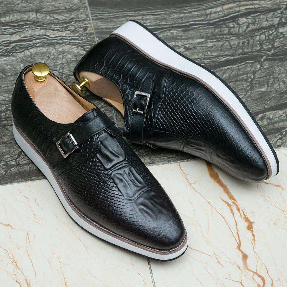 Men's Crocodile Pattern Buckle Strap PU Leather Dress Shoes