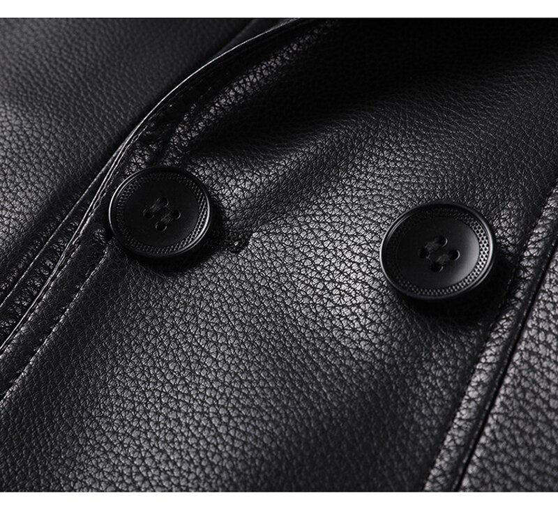 Double Breasted Solid Black Leather Coat