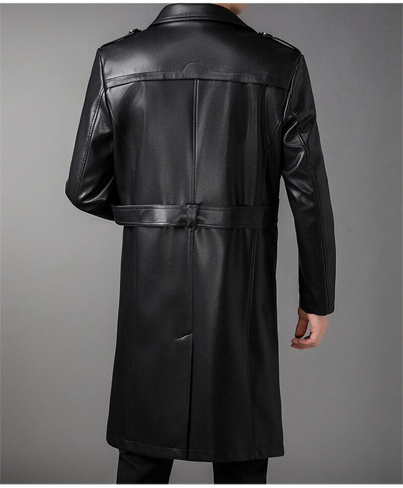 Double Breasted Solid Black Leather Coat