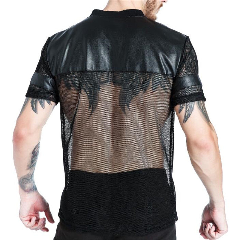 Black Faux Leather with Sexy See Through Mesh Design Men V Neck T-shirt - FanFreakz