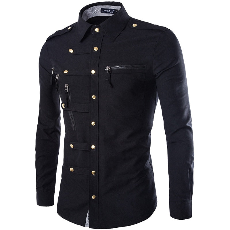 Casual Multi Buttons with Zipper Pocket Detail Men Long Sleeve Shirt - FanFreakz